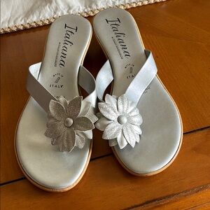 Italina Women's Silver Floral Sandals, gently worn, 9M